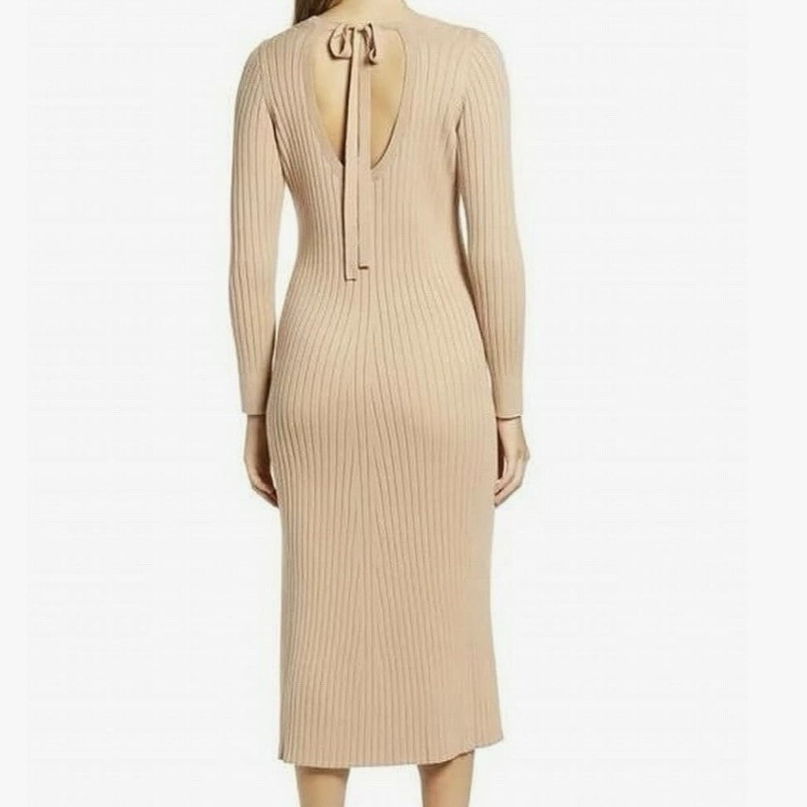 Nwt Nordstrom Wayf Hollie Size Xl Tan Tie Neck Side Slit Sweater Dress Brunch
